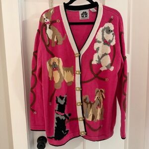 Vintage Women's Size 1X Storybook Knits Pink Puppy Dog Lovers Cardigan Sweater